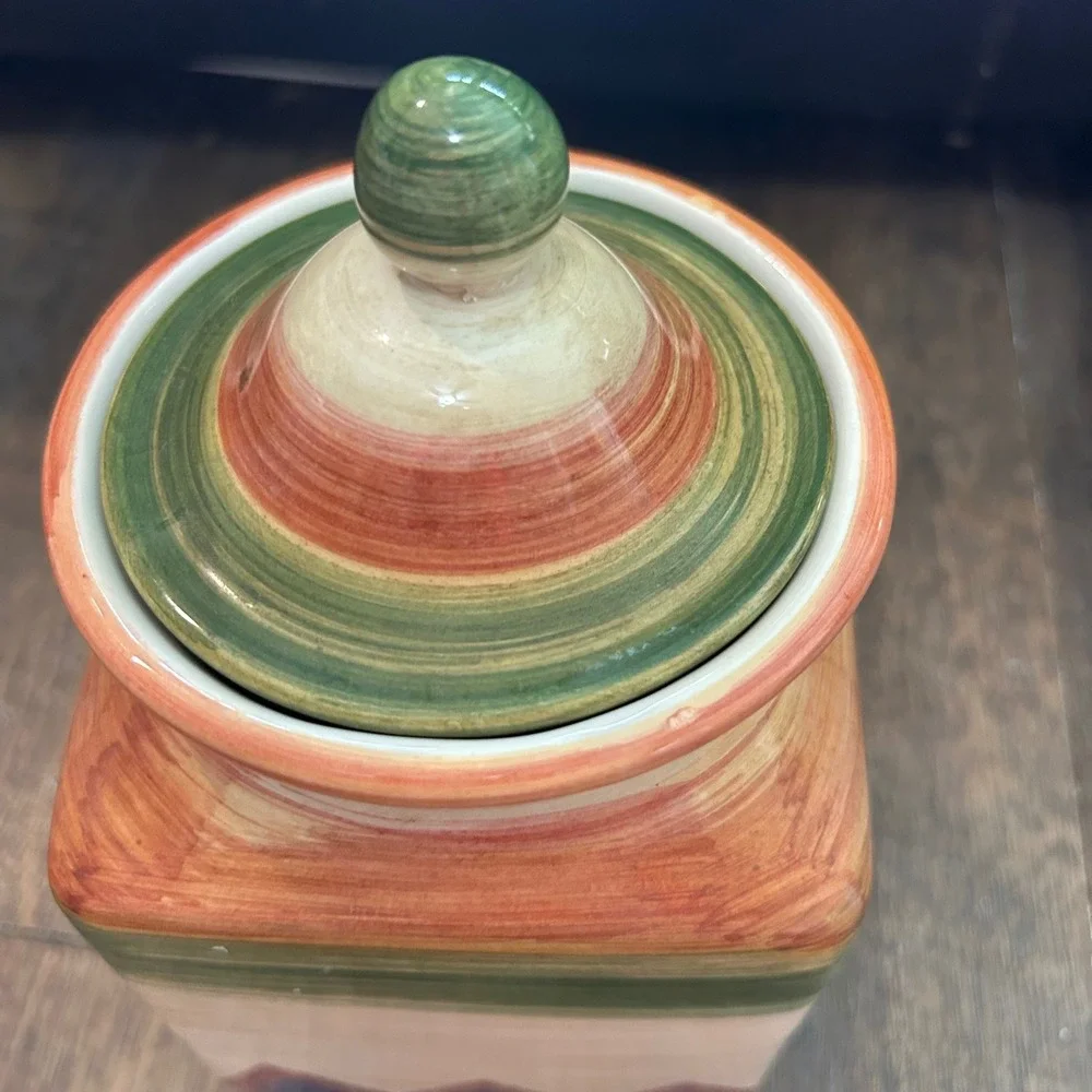 Horchow Italy Hand Painted‎ Ceramic Canister Square Mediterranean Jar 5361/22